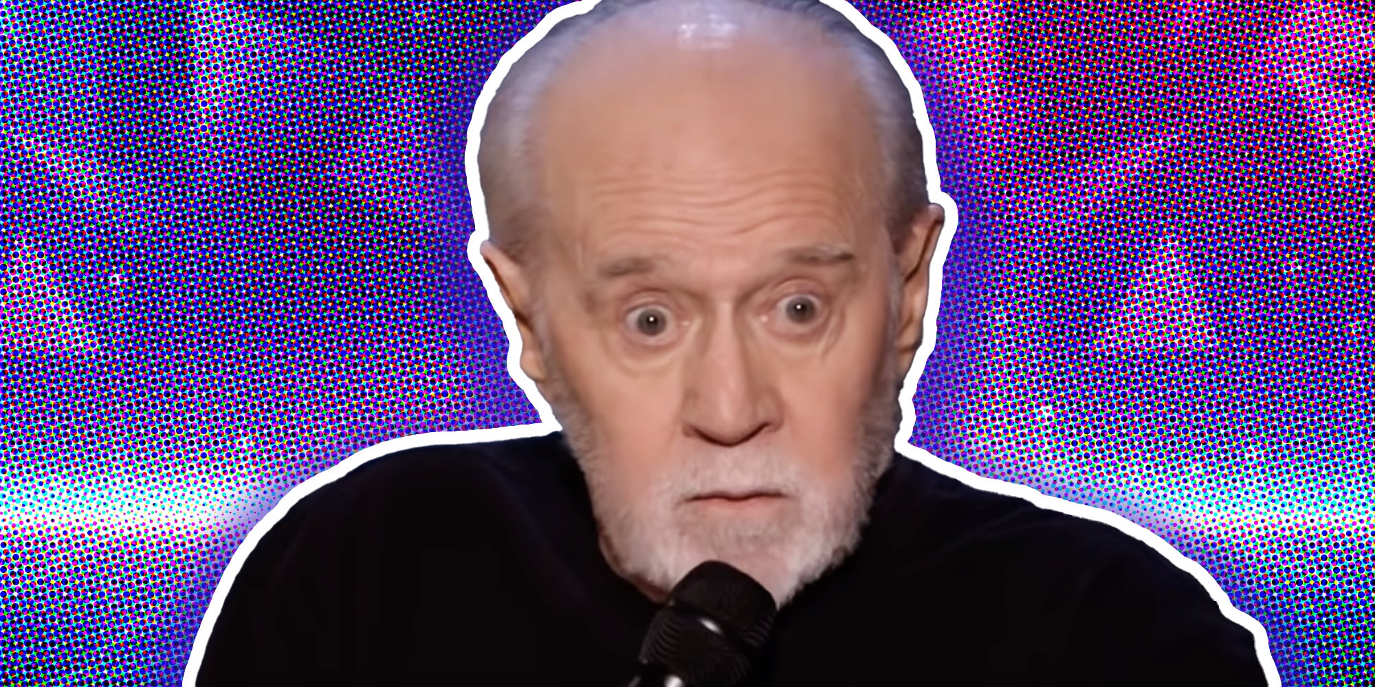 George Carlin in front of abstract background