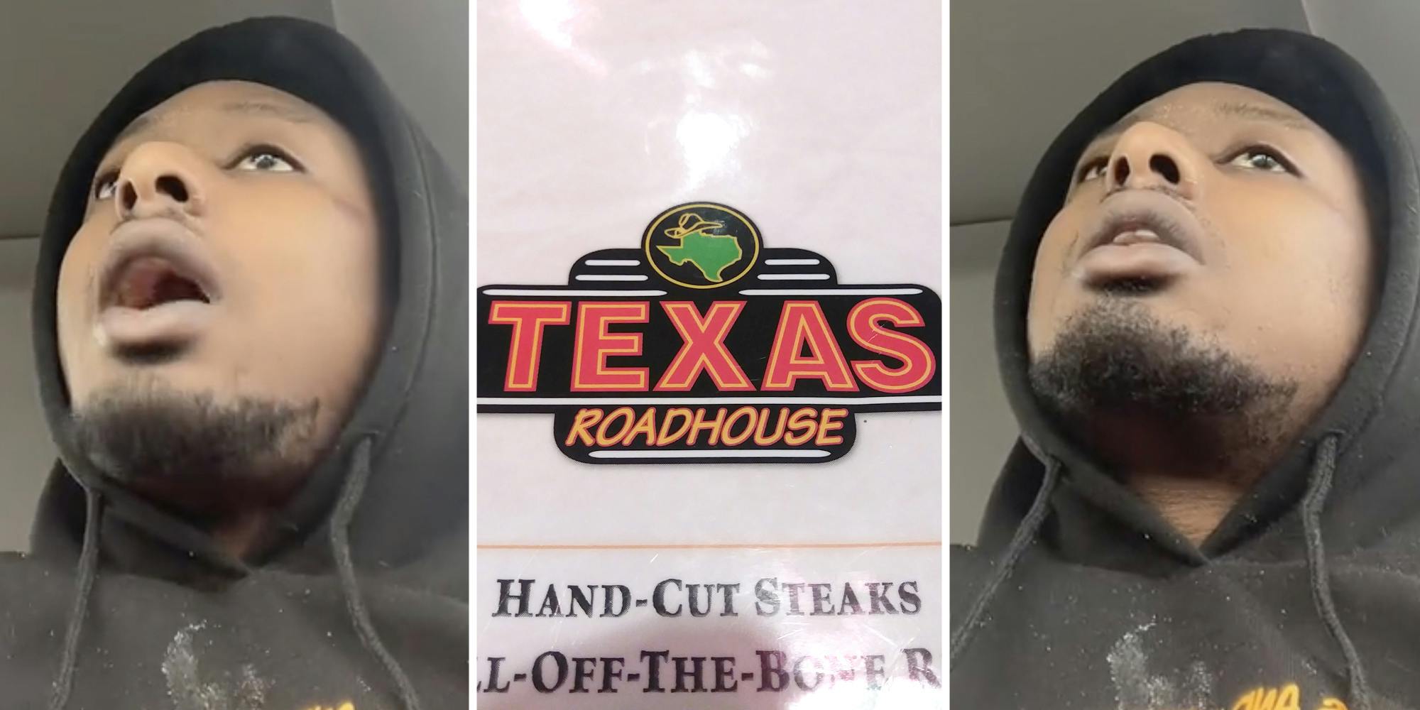 Man talking(l+r), Texas Roadhouse menu(c)