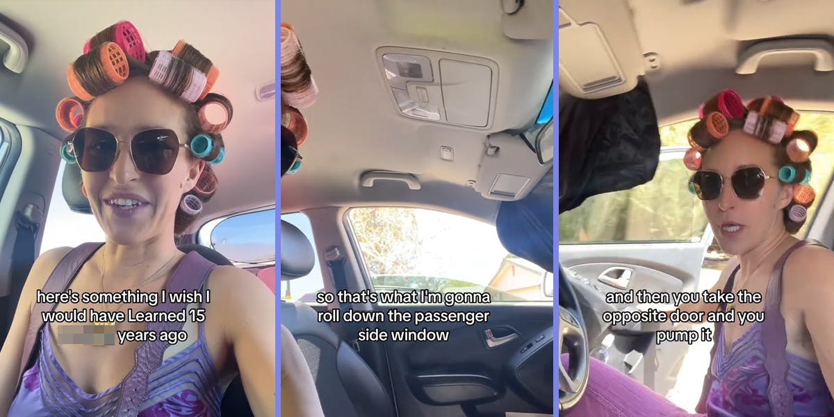 woman speaking in car with caption "here's something I wish I would've learned 15 years ago" (l) woman speaking in car with caption "so that's what I'm gonna roll down the passenger side window" (c) woman speaking in car with caption "and then you take the opposite door and you pump it" (r)
