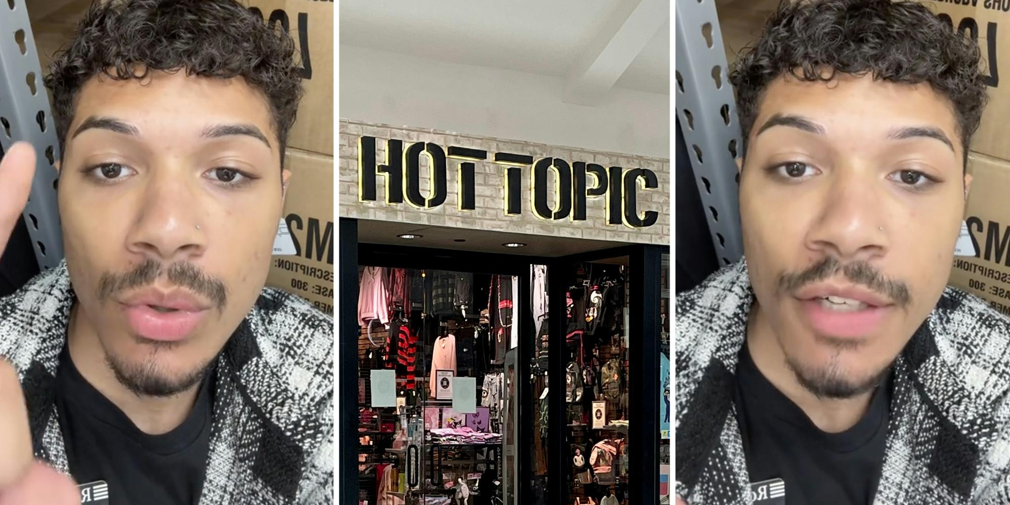 Man talking(l+r), Hot Topic storefront(c)