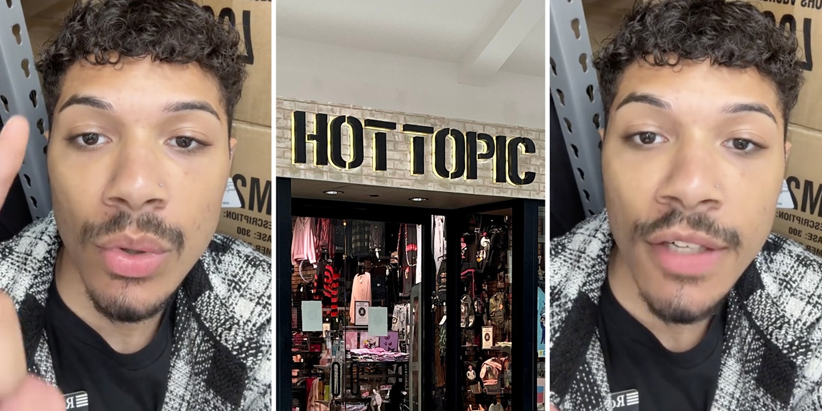 Man talking(l+r), Hot Topic storefront(c)