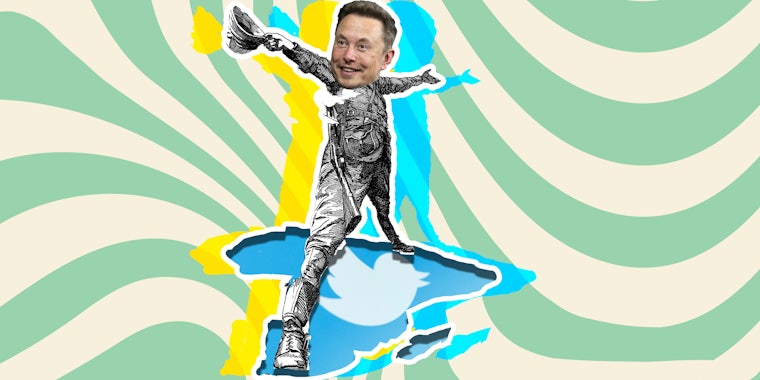 Elon musk on illustrated body and twitter logo as africa