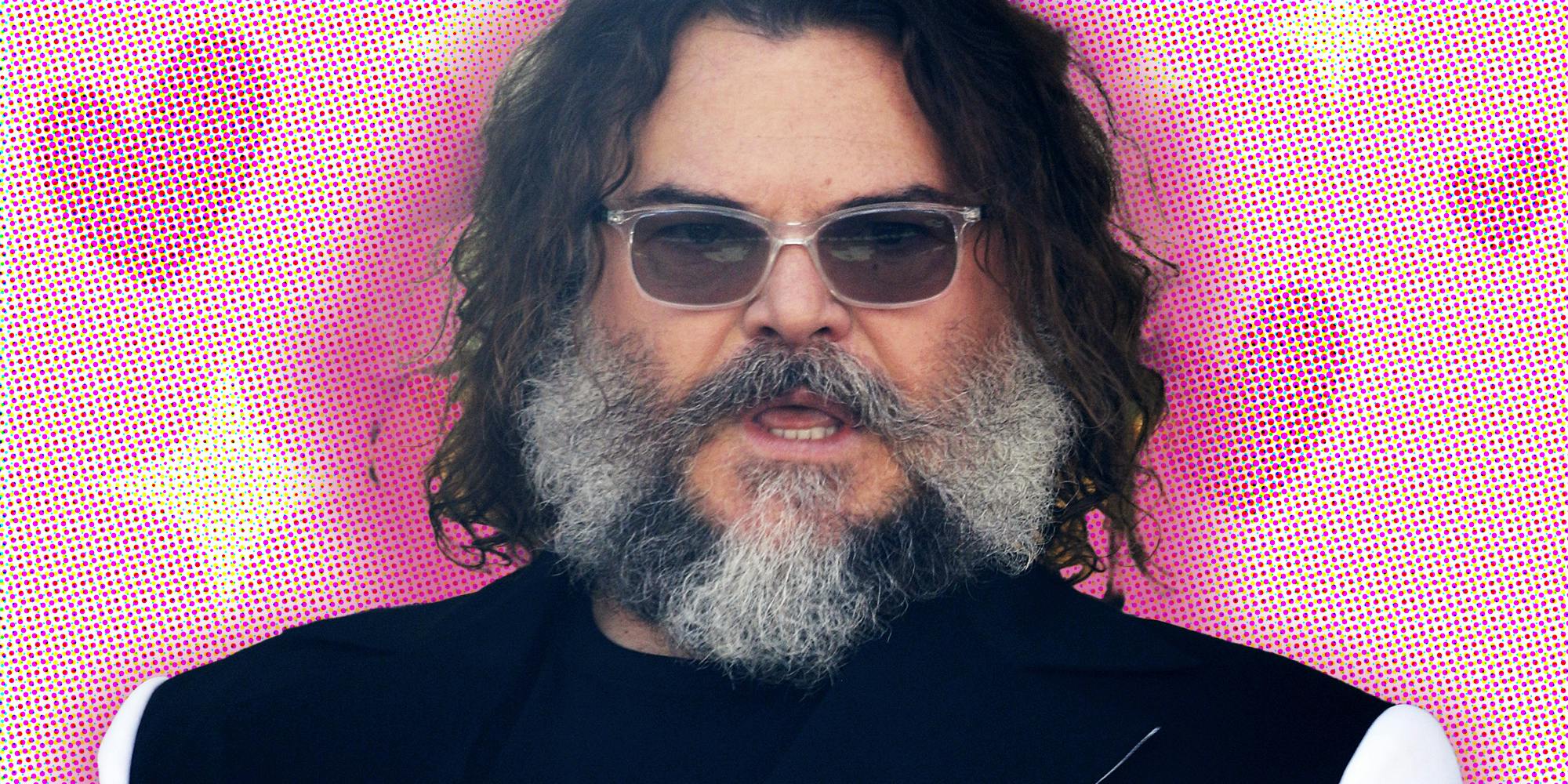 Jack Black in front of heart background