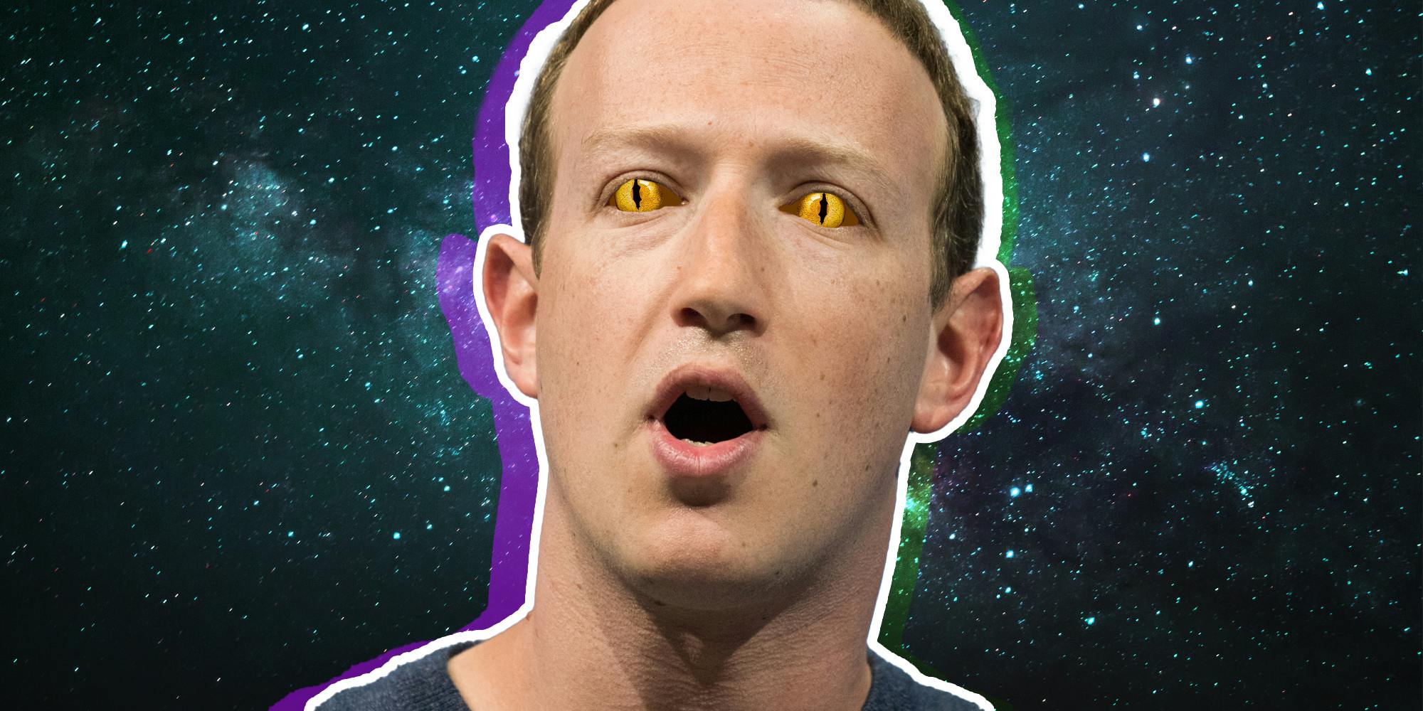 Mark Zuckerberg with lizard eyes in front of space background