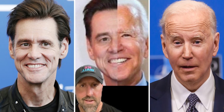 Jim Carrey(l), Jim Carrey split with Joe Biden's face behind man talking(c), Joe Biden(r)