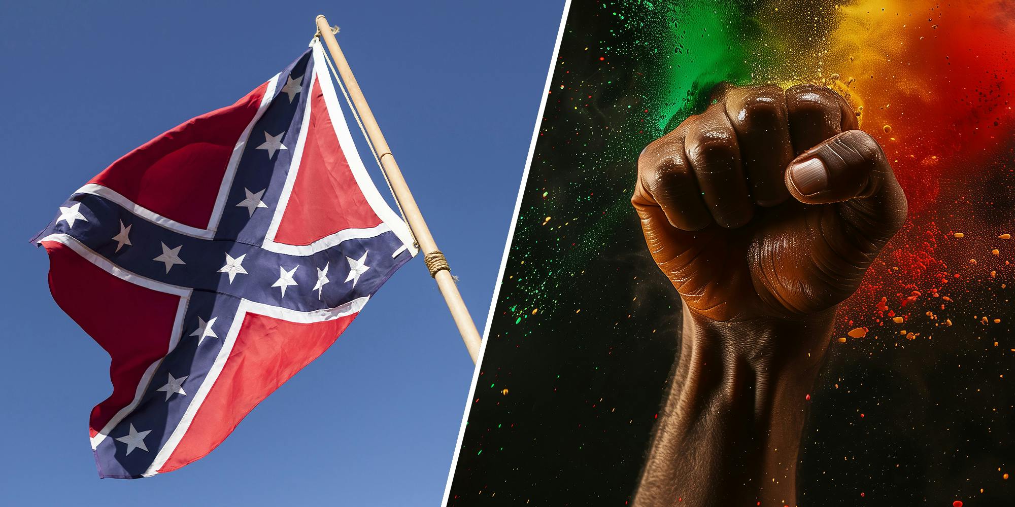 black mans hand in a power fist gesture with splash of red green and yellow color on a black background for Juneteenth