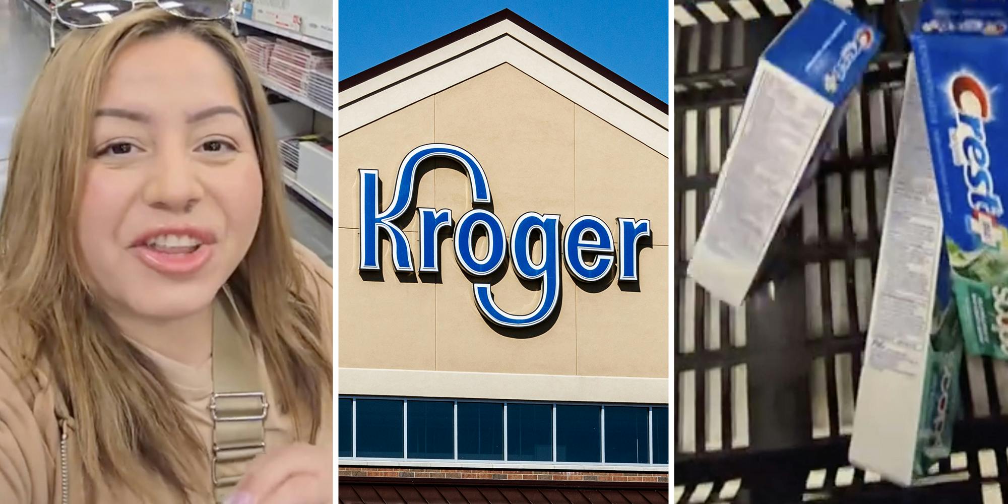 Woman talking(l), Krogers(c), Basket with toothpaste(r)