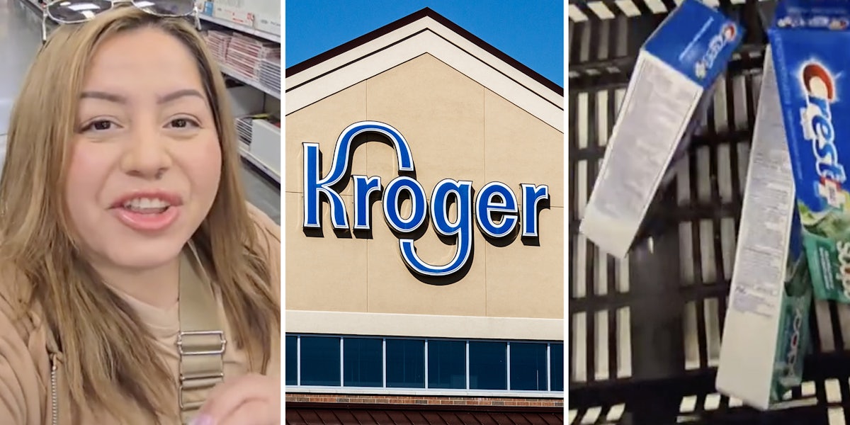 Woman talking(l), Krogers(c), Basket with toothpaste(r)