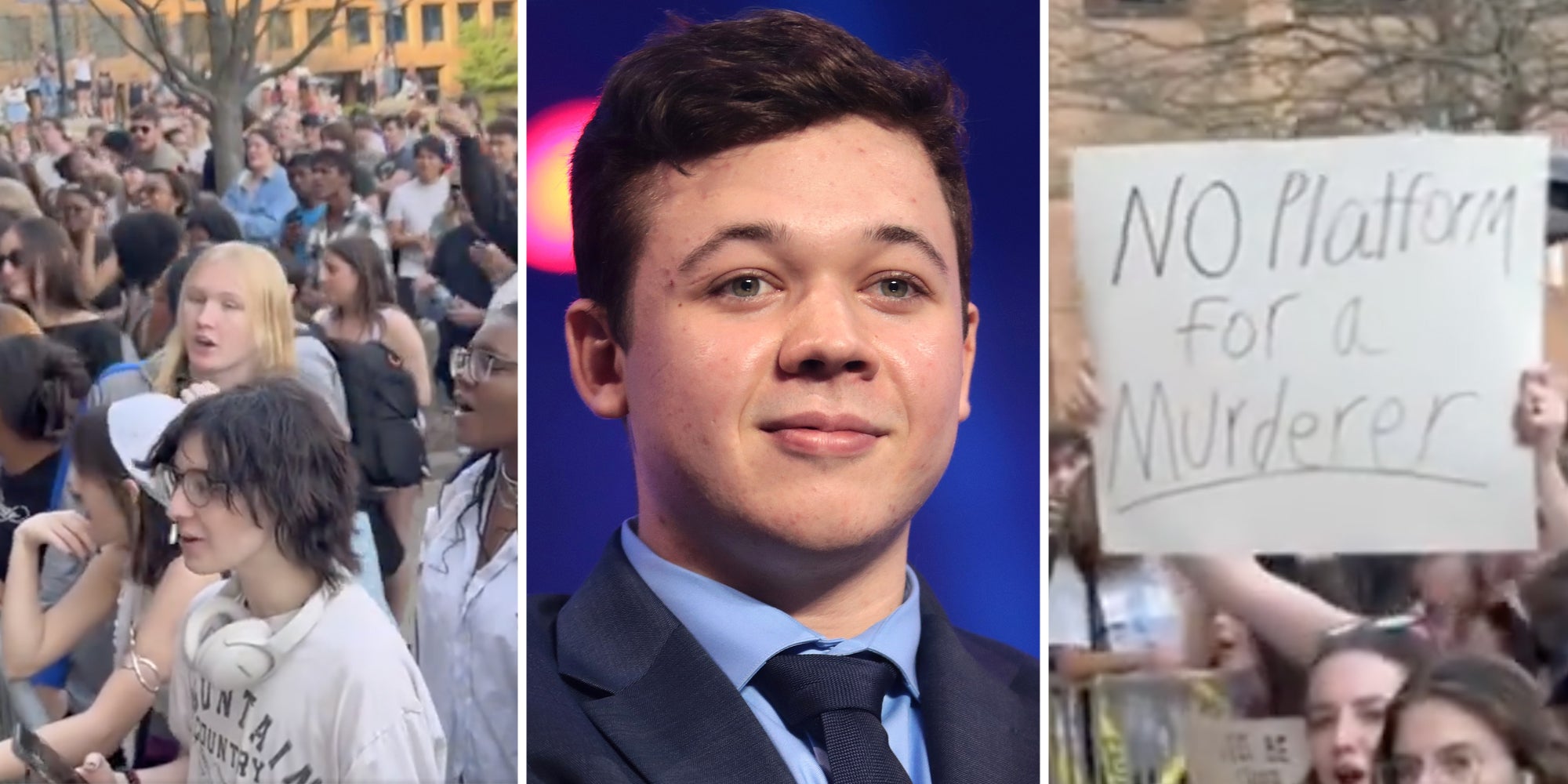 Protestors at kent state(l), Kyle Rittenhouse(c), Sign that says 'no platform for a murderer'(r)