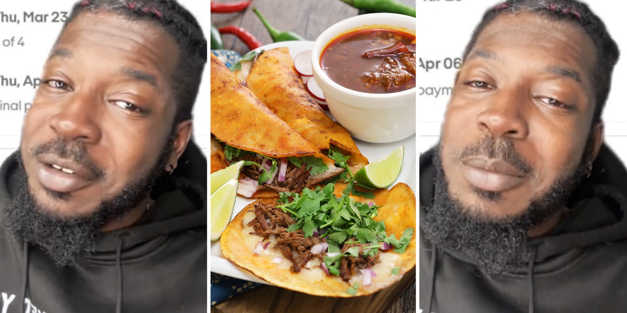 Man talking(l+r), Tacos(c)