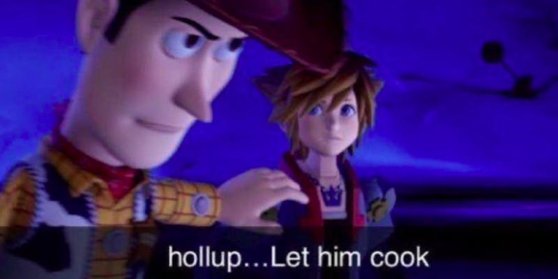 let him cook meme: Woody Holding Sora Back in Toy Story