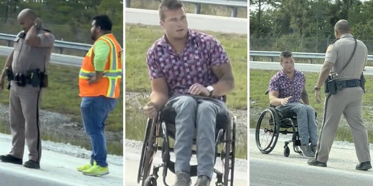 Police and construction worker(l), Madison Cawthorn in wheelchair(c), Madison and police officer(r)