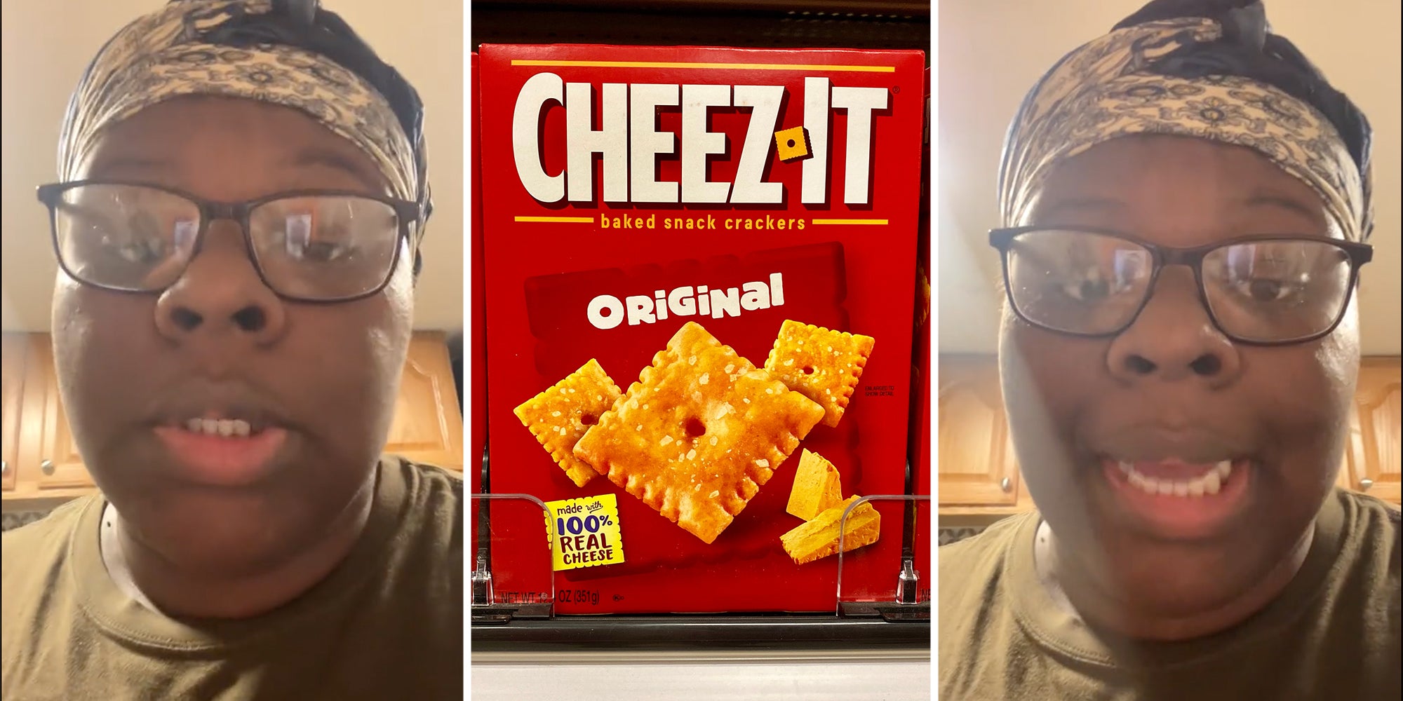 Woman talking(l+r), Cheez-its(c)