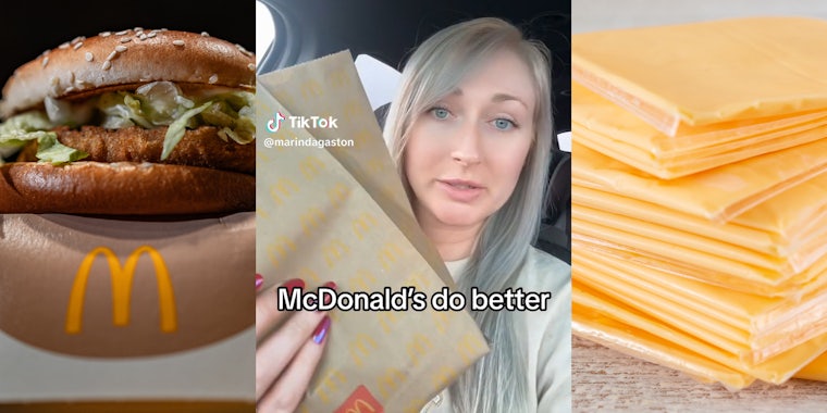 McChicken sandwich (l) Woman in car holding McDonald's bag with caption 'McDonald's do better' (c) processed slices of cheese (r)