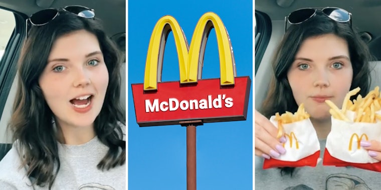 Woman talking(l), McDonalds(c), Woman with two bags of fries(r)