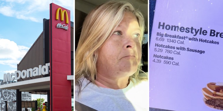 McDonald's(l), Woman looking upset(c), McDonald's breakfast screen(r)
