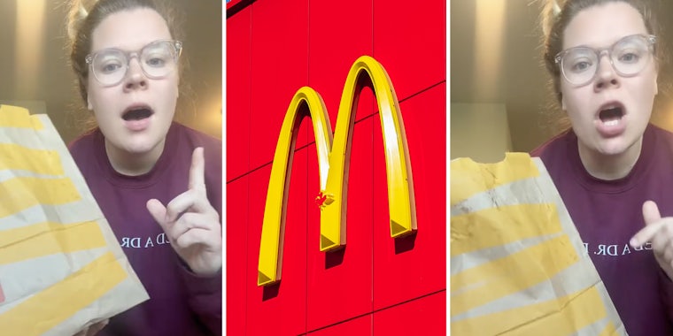 Woman pointing with bag(l+r), McDonald's logo(c)