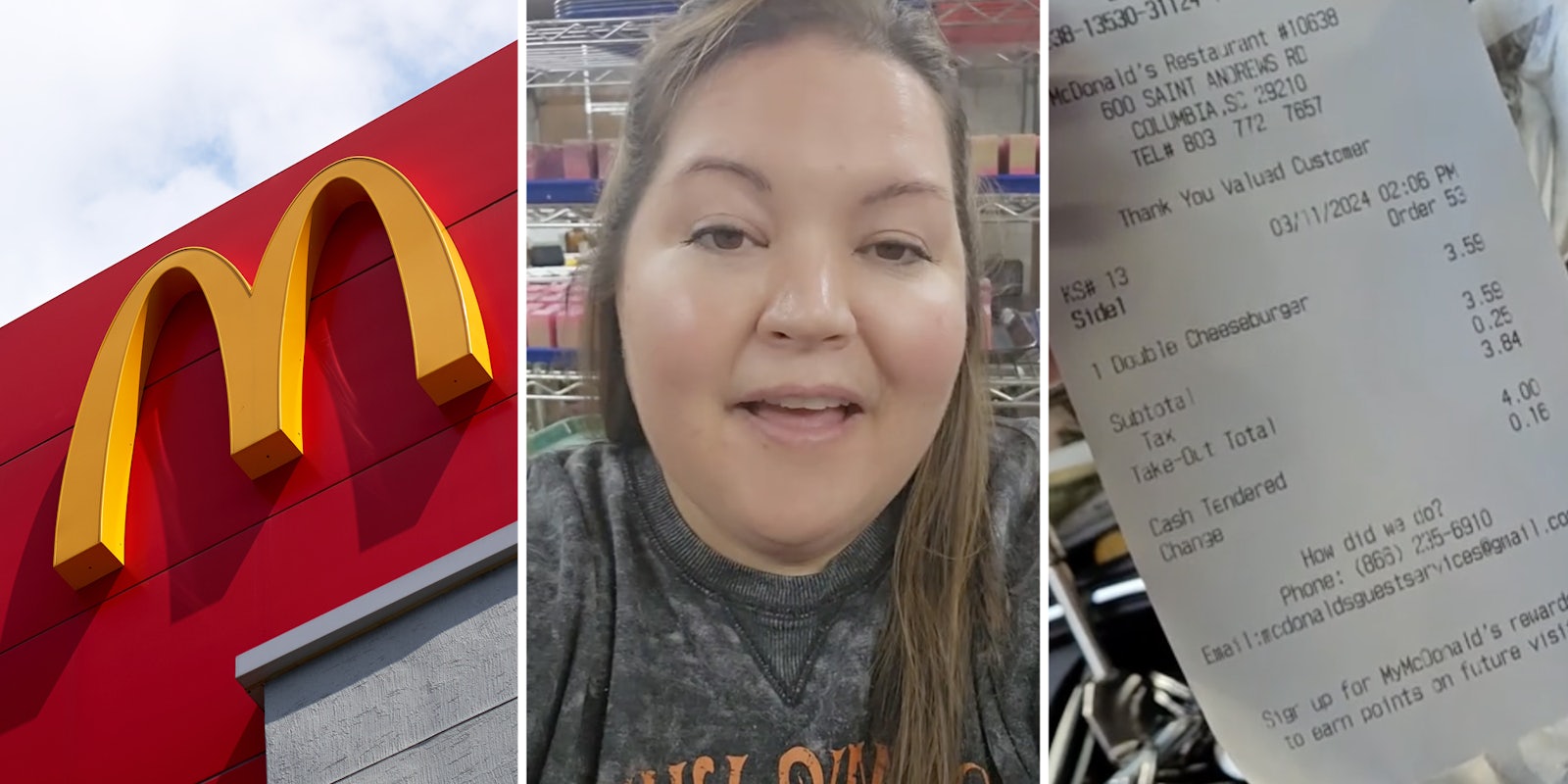 McDonald's logo(l), Woman talking(c), Receipt(r)