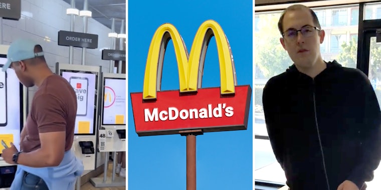 Person at mcdonalds kiosk(l), McDonald's sign(c), Man in McDonald's(r)