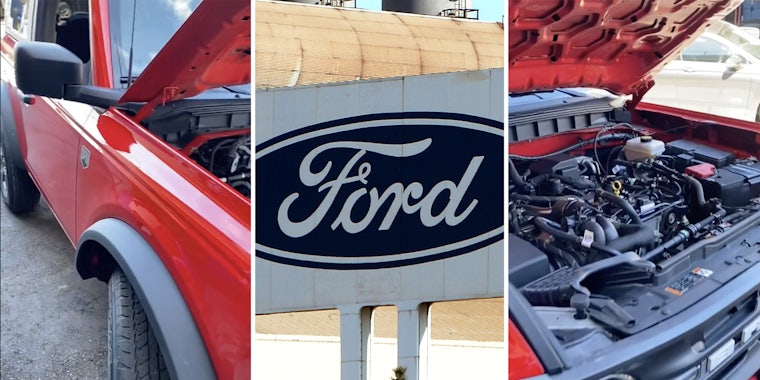 Ford Bronco(l), Ford sign(c), Engine(r)
