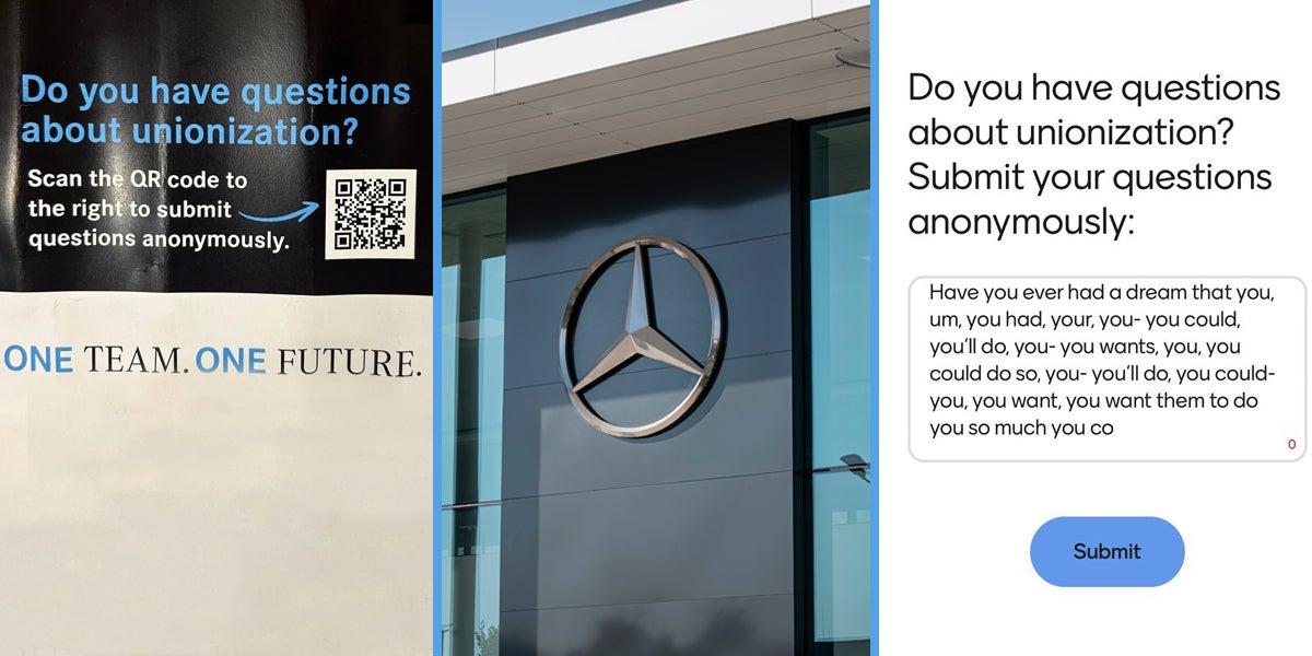 QR code on paper (l) Mercedes sign (c) unionization question box (r)