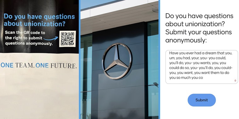 QR code on paper (l) Mercedes sign (c) unionization question box (r)