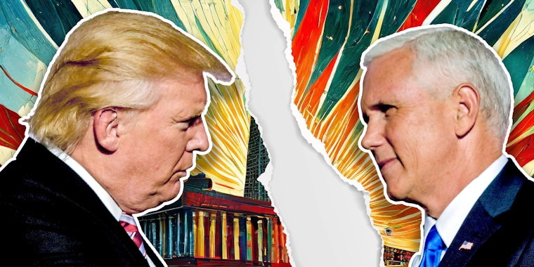 Donald Trumps Mike Pence with tear between them and abstract background