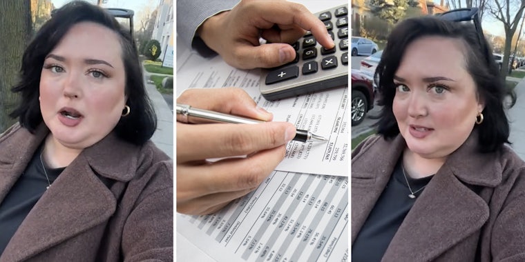 Woman talking(l+r), Hands with pen and calculator over tax documents(c)