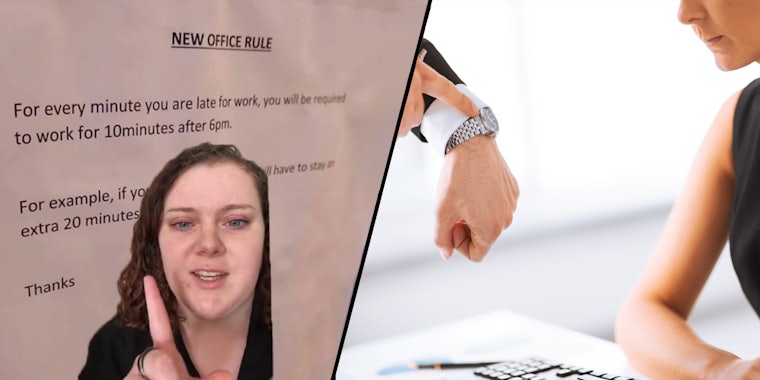 woman greenscreen TikTok over image of 'NEW OFFICE RULE' poster (l) boss pointing to watch at office job with coworker (r)