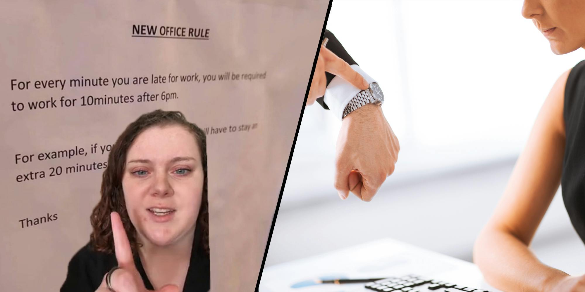 woman greenscreen TikTok over image of "NEW OFFICE RULE" poster (l) boss pointing to watch at office job with coworker (r)