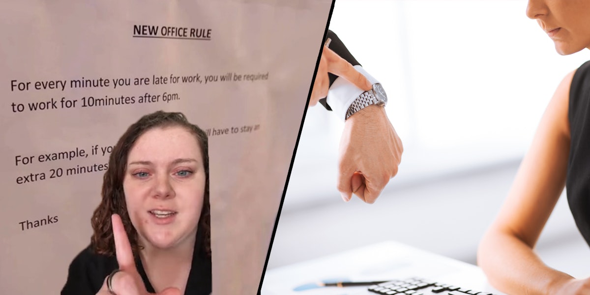 woman greenscreen TikTok over image of 'NEW OFFICE RULE' poster (l) boss pointing to watch at office job with coworker (r)