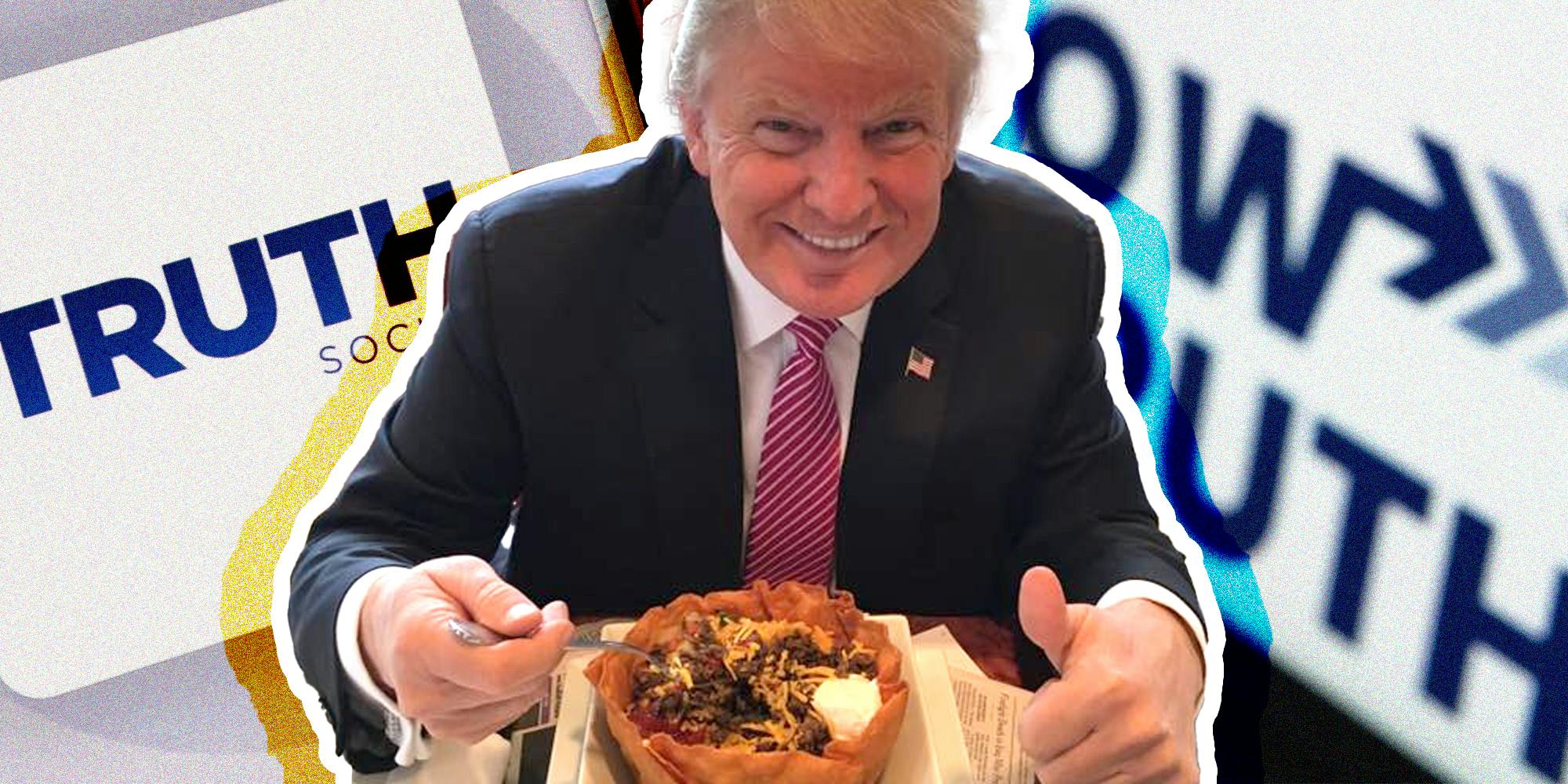 Donald Trump with Taco Bowl in front of Truth social graphics
