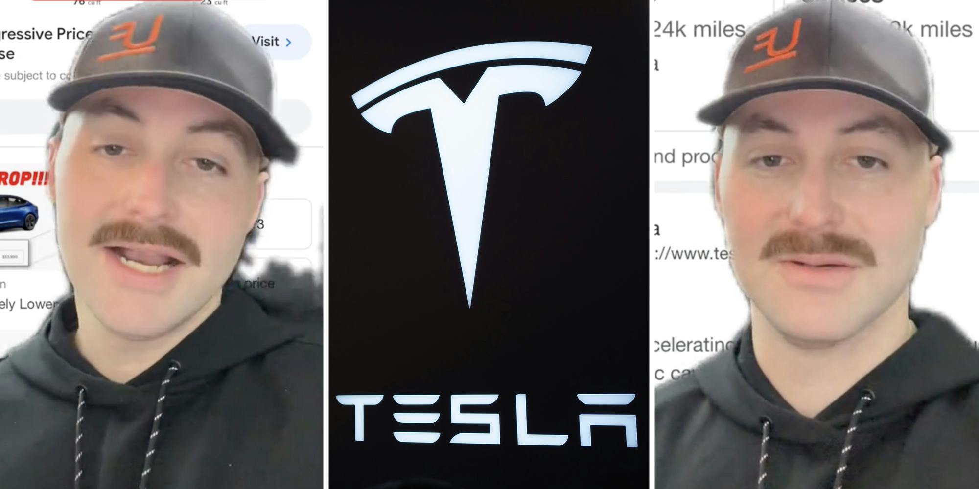 Man talking(l+r), Tesla logo(c)