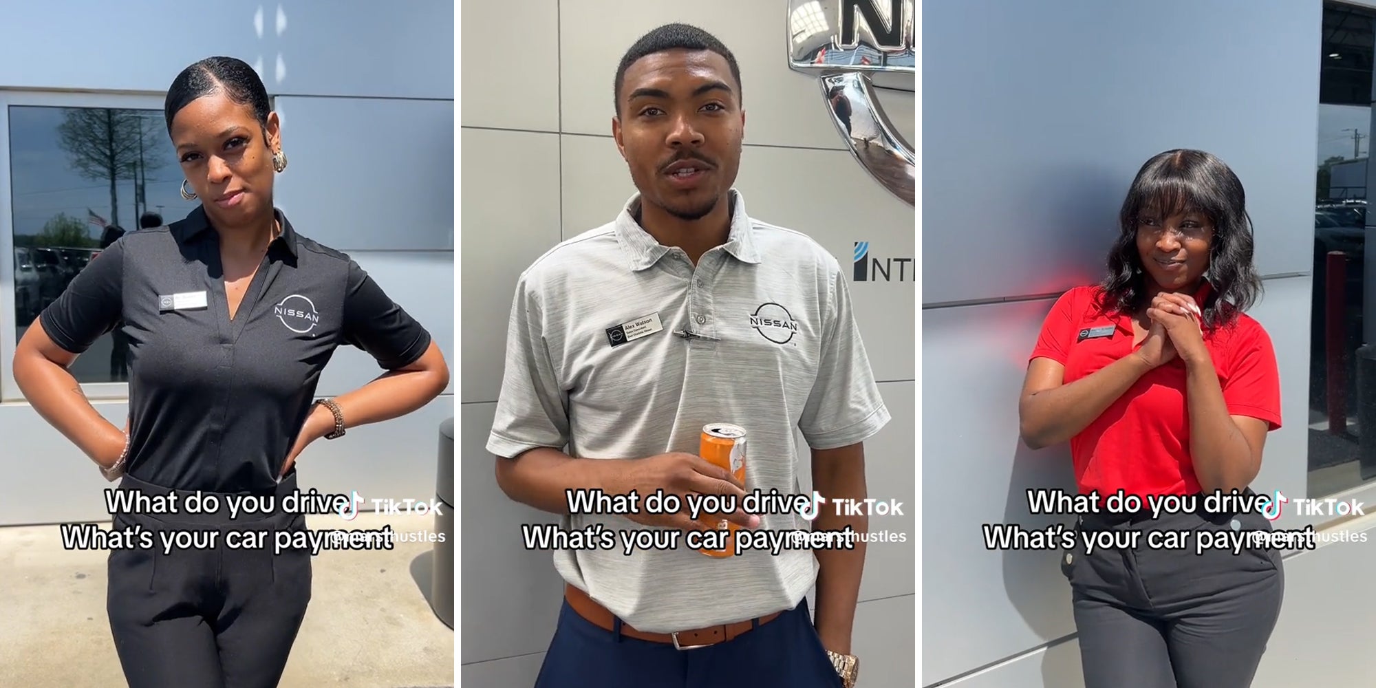 nissan employees at dealership with caption 'what do you drive, what's your car payment?'