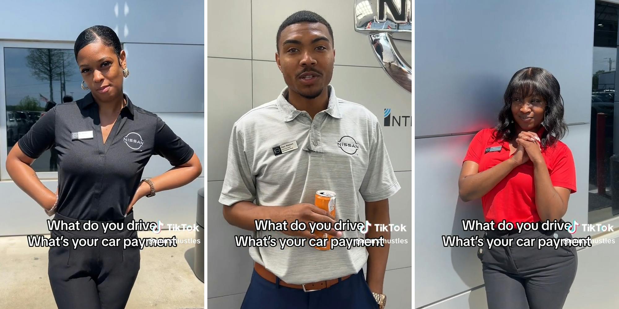 nissan employees at dealership with caption "what do you drive, what's your car payment?"