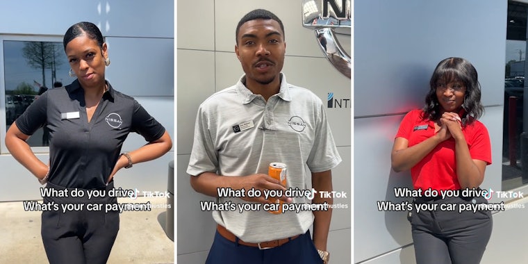 nissan employees at dealership with caption 'what do you drive, what's your car payment?'