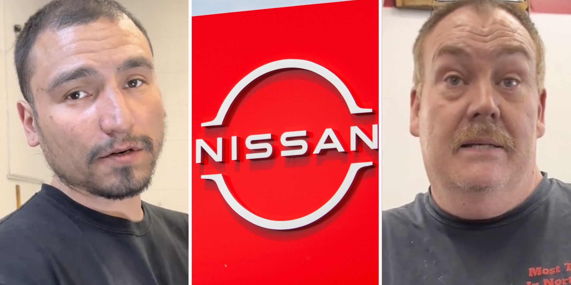 Man talking(l), Nissan sign(c), Second guy talking(r)