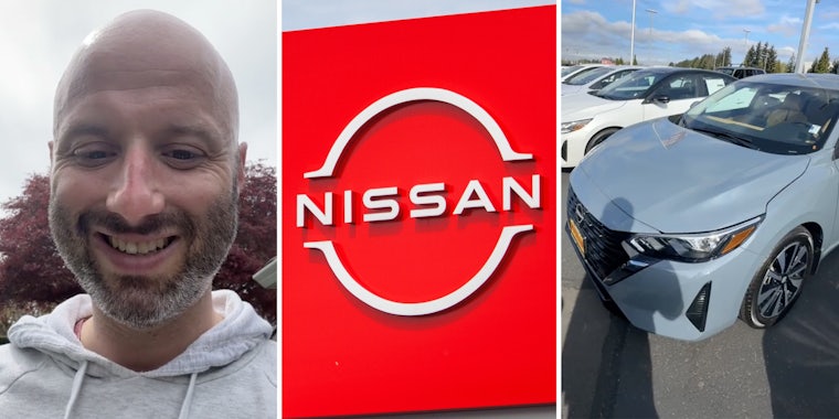 Man smiling(l), Nissan(c), Car(r)