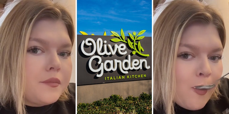 Woman looking at camera(l), Olive Garden sign(c), Woman eating soup(r)
