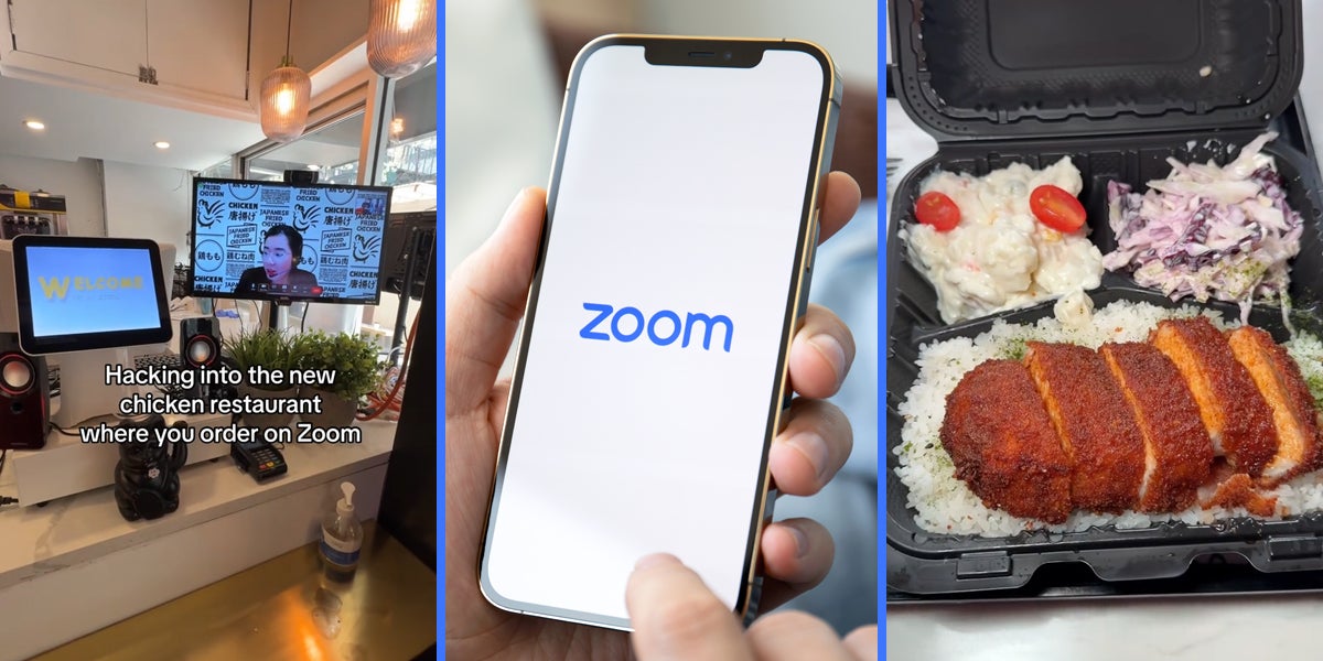 Zoom ordering at restaurant with caption 'Hacking into the new chicken restaurant where you order on Zoom' (l) Zoom on phone screen in hand (c) meal in container (r)