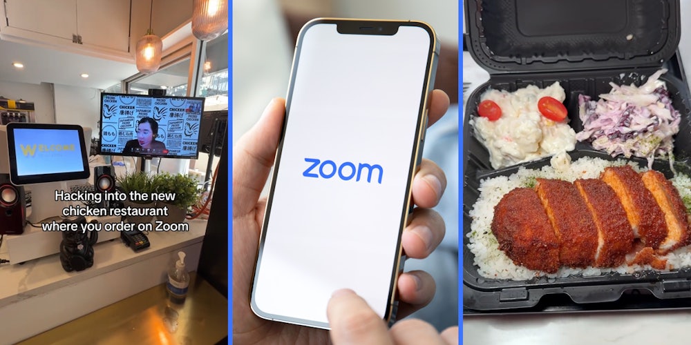Zoom ordering at restaurant with caption 'Hacking into the new chicken restaurant where you order on Zoom' (l) Zoom on phone screen in hand (c) meal in container (r)