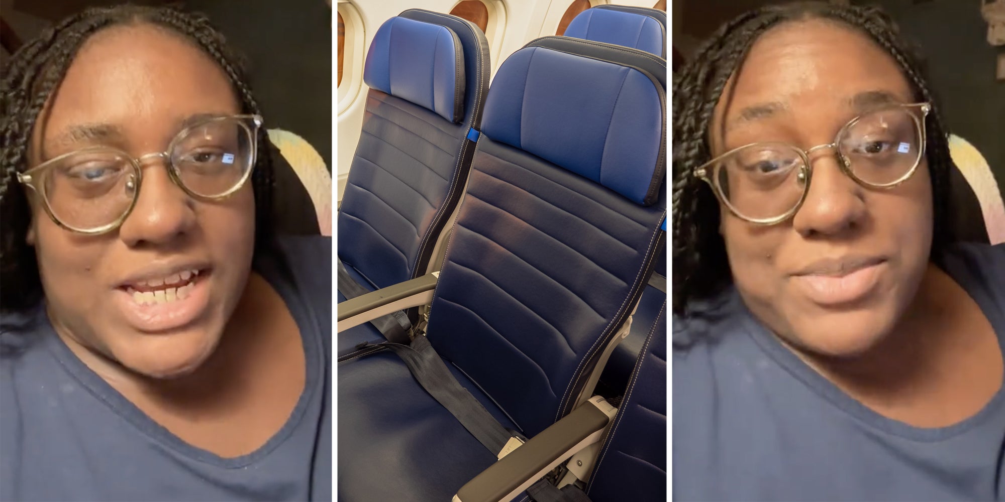 Woman talking(l+r), Airline seats(c)