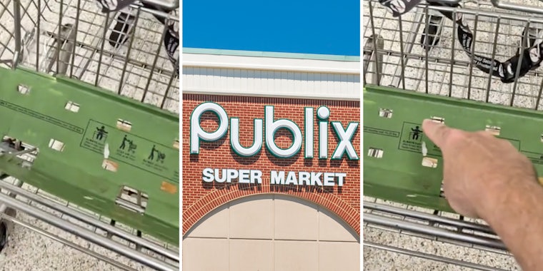 Grocery cart(l), Publix sign(c), Hand pointing to seat(r)