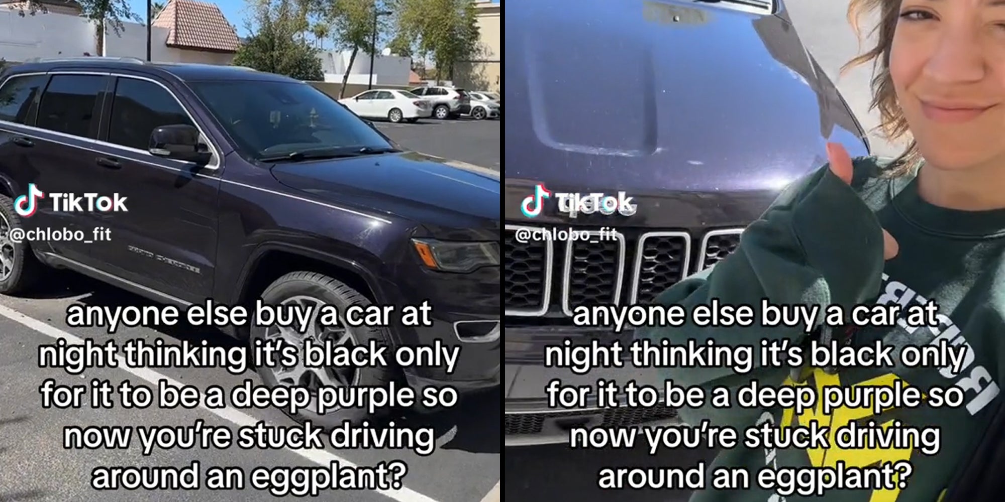 purple jeep in parking lot (l) young woman giving thumbs up (r) caption 'anyone else buy a car at night thinking it's black only for it to be a deep purple so now you're stuck driving around an eggplant?'