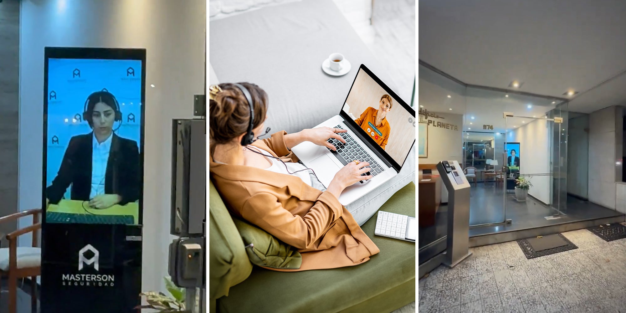 Man at entrance greeted by hotel security. She's a remote worker on a screen