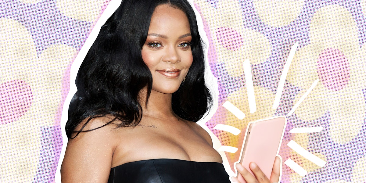 Rihanna with phone in front of floral background