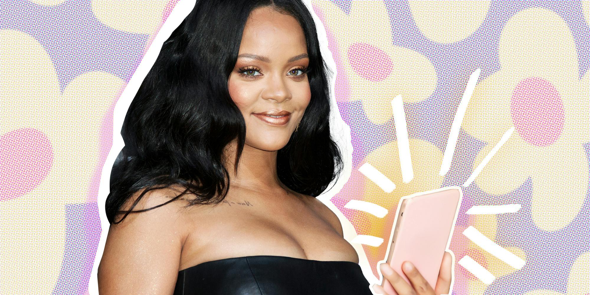 Rihanna with phone in front of floral background