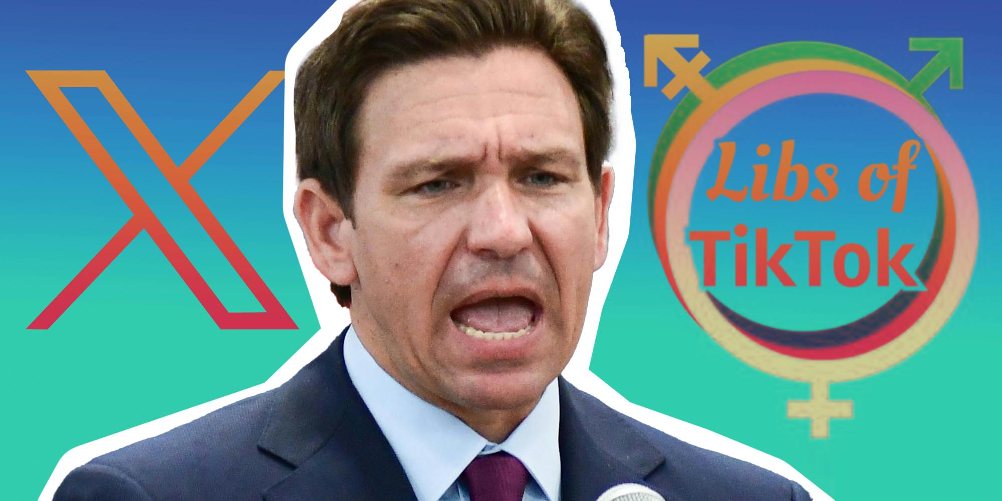 Ron DeSantis in front of x and libs of tiktok logo