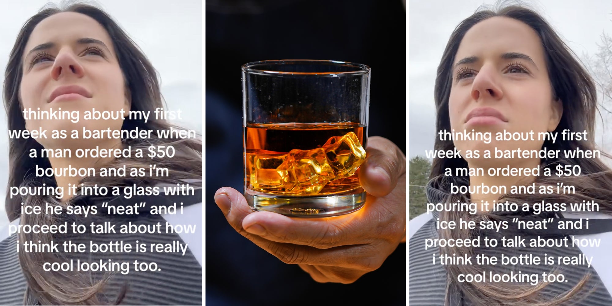 Woman walking with text(l+r), Hand holding class of liquor with ice(c)