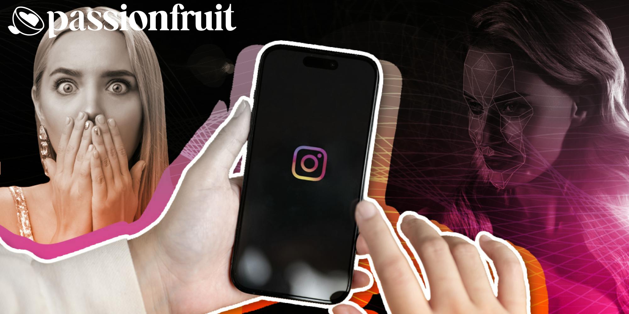 a woman with a shocked expression next to an iphone and depiction of ai influencer with hand holding phone with instagram logo and a logo for passionfruit